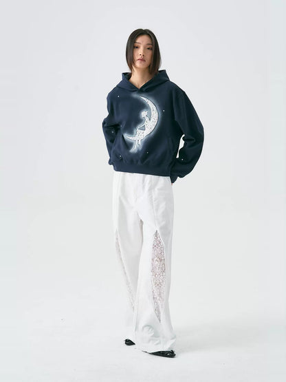 Moon Rhinestone Decoration Lace Appliqué Embroidery Hoodie WN18981