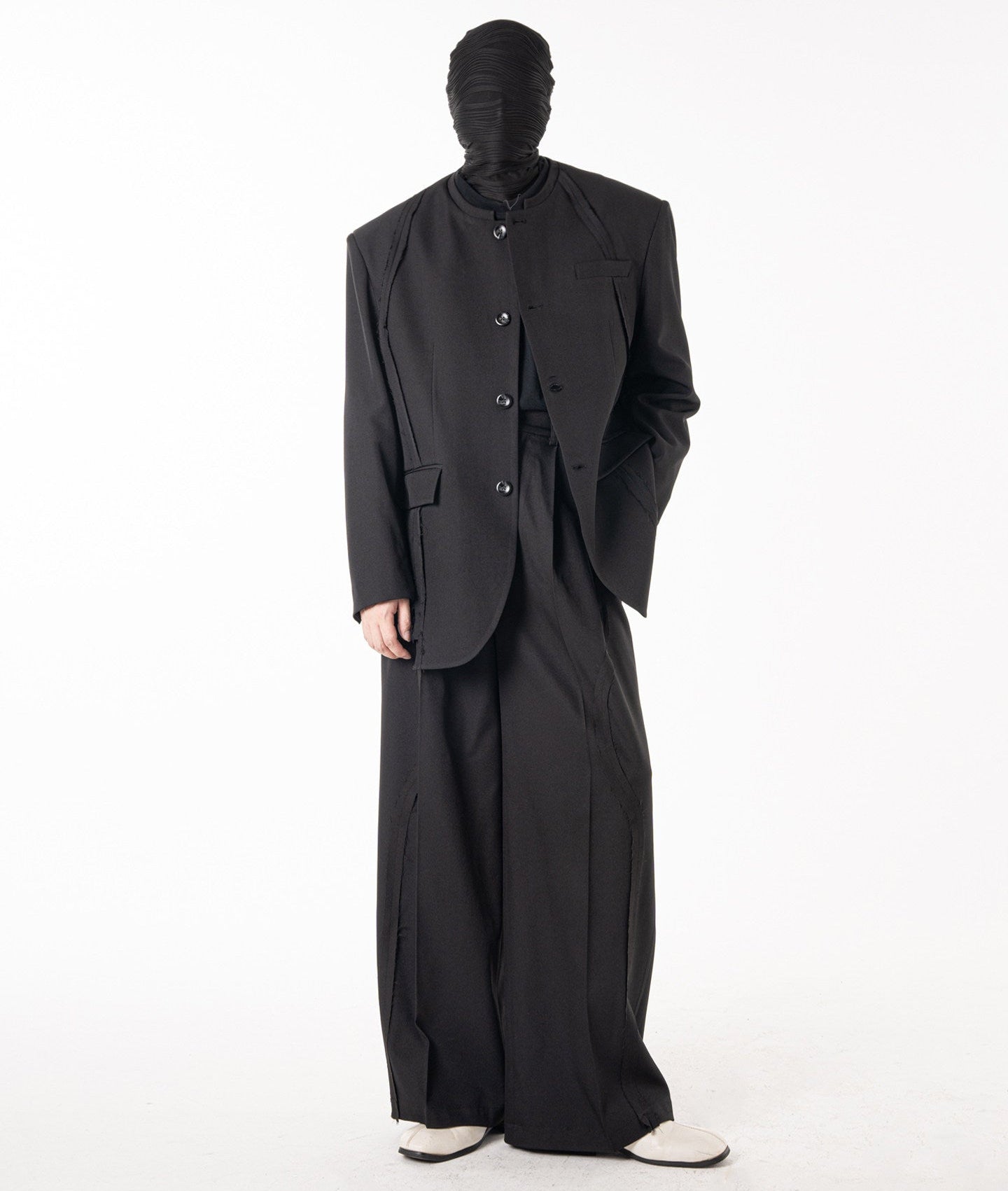 Collarless Seam Design Single-Breasted Jacket & Trousers Setup WN23620