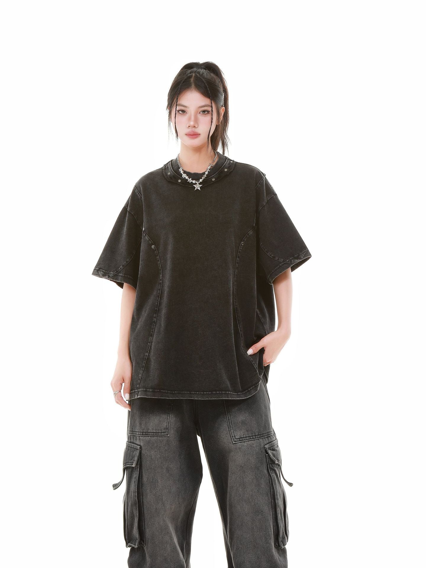 Heavy Washed Fade Stitching Short Sleeve T-Shirt WN25671