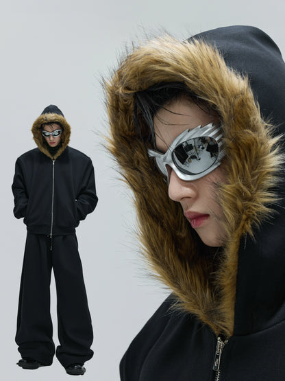 Fur Collar Zipper Hoodie & Sweatpants Setup WN21744