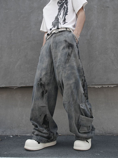 Tie-Dye Multi-Pocket Wide Leg Denim Jeans WN27857