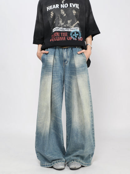 Washed Pleats Damage Wide Leg Denim Jeans WN24468