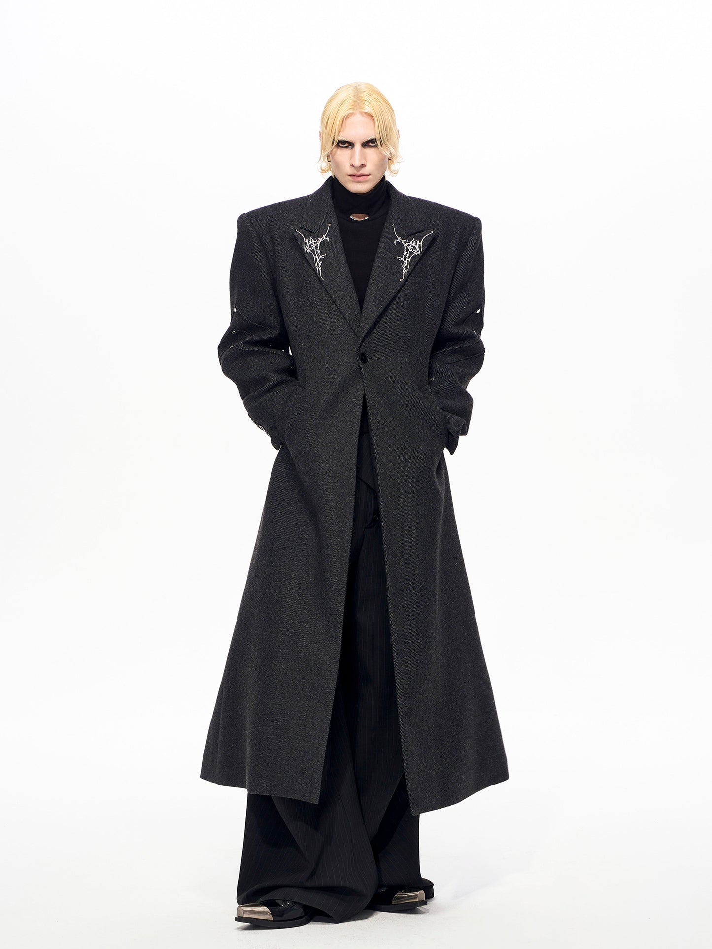 Thorn Embroidery Shoulder-Pad Wool Long Coat WN22159