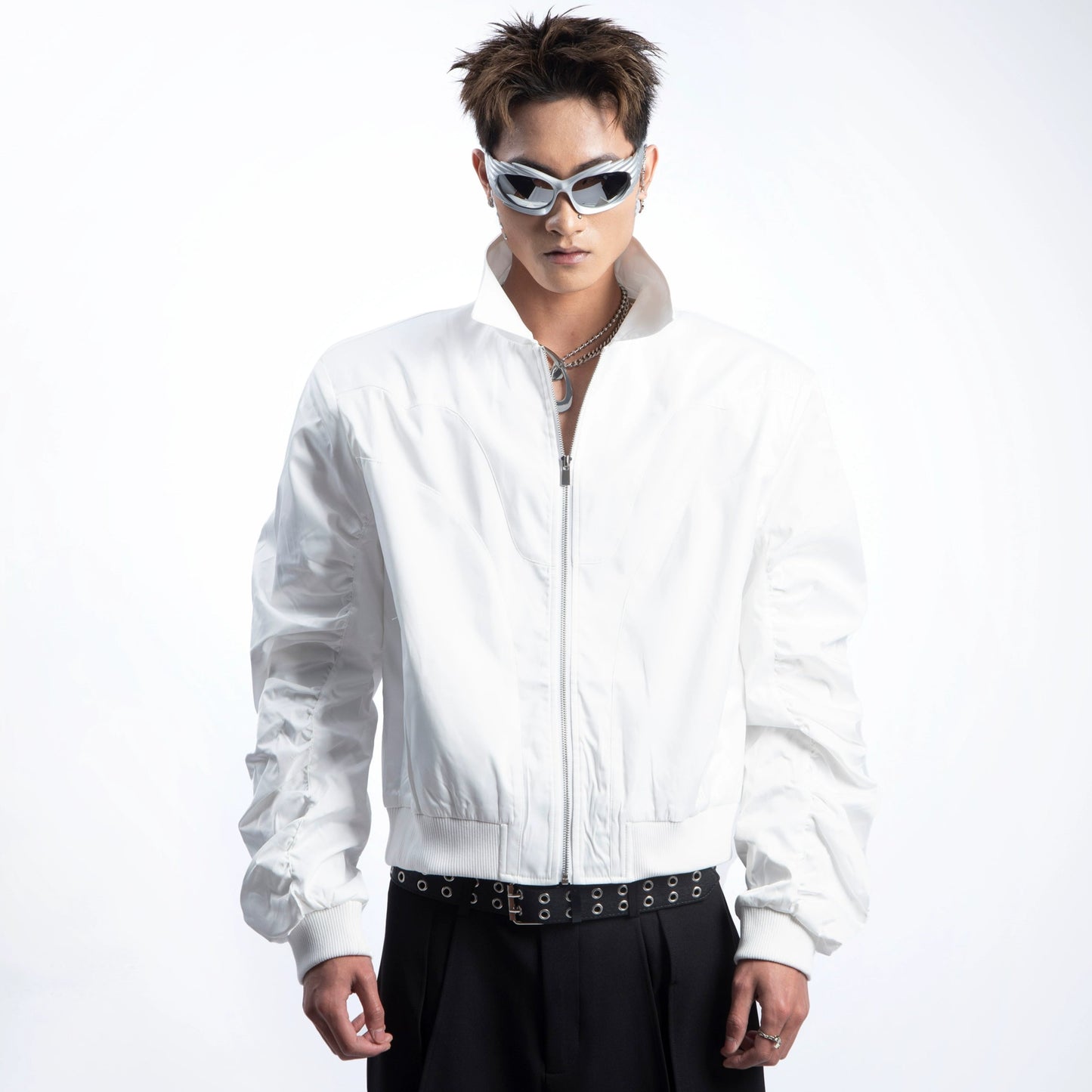 Glossy PU Leather Shoulder-Pad Jacket WN20635