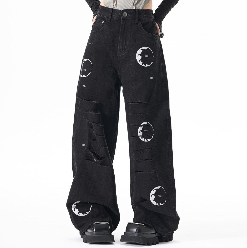 Ripped Circle Print Wide Leg Denim Jeans WN27892