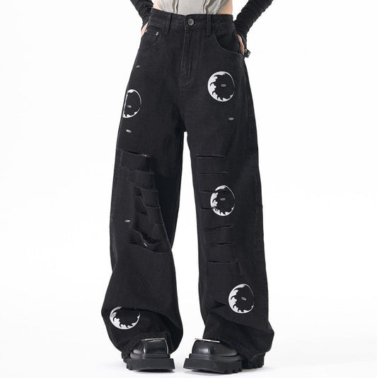 Ripped Circle Print Wide Leg Denim Jeans WN27892