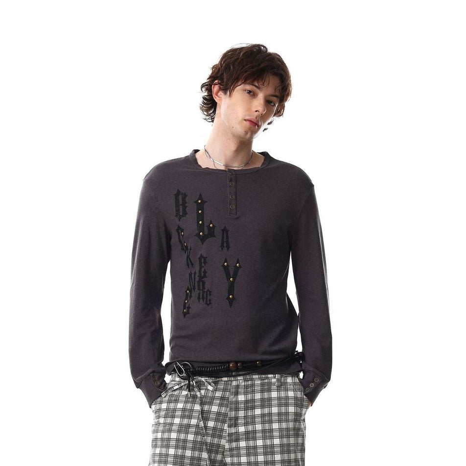 Henley Letter Studs Detail Long Sleeve T-Shirt WN25404