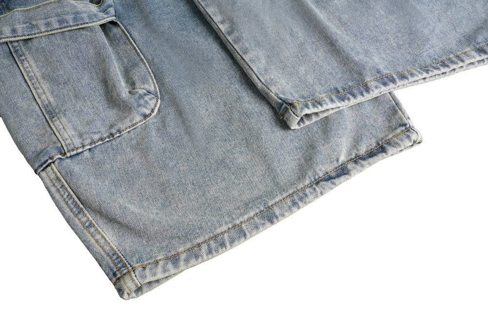 Bleached Cargo Pocket Wide Leg Denim Jeans WN27998