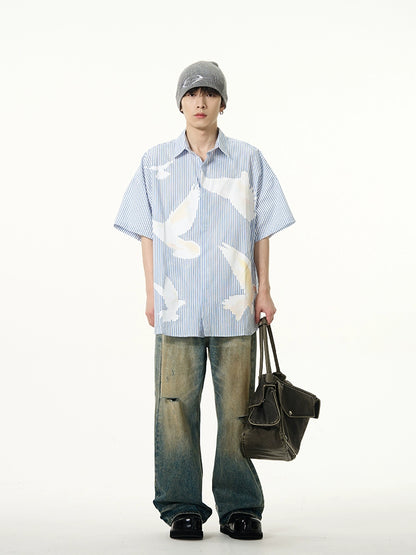 Oversize Pigeon Print Short Sleeve Shirt WN7619