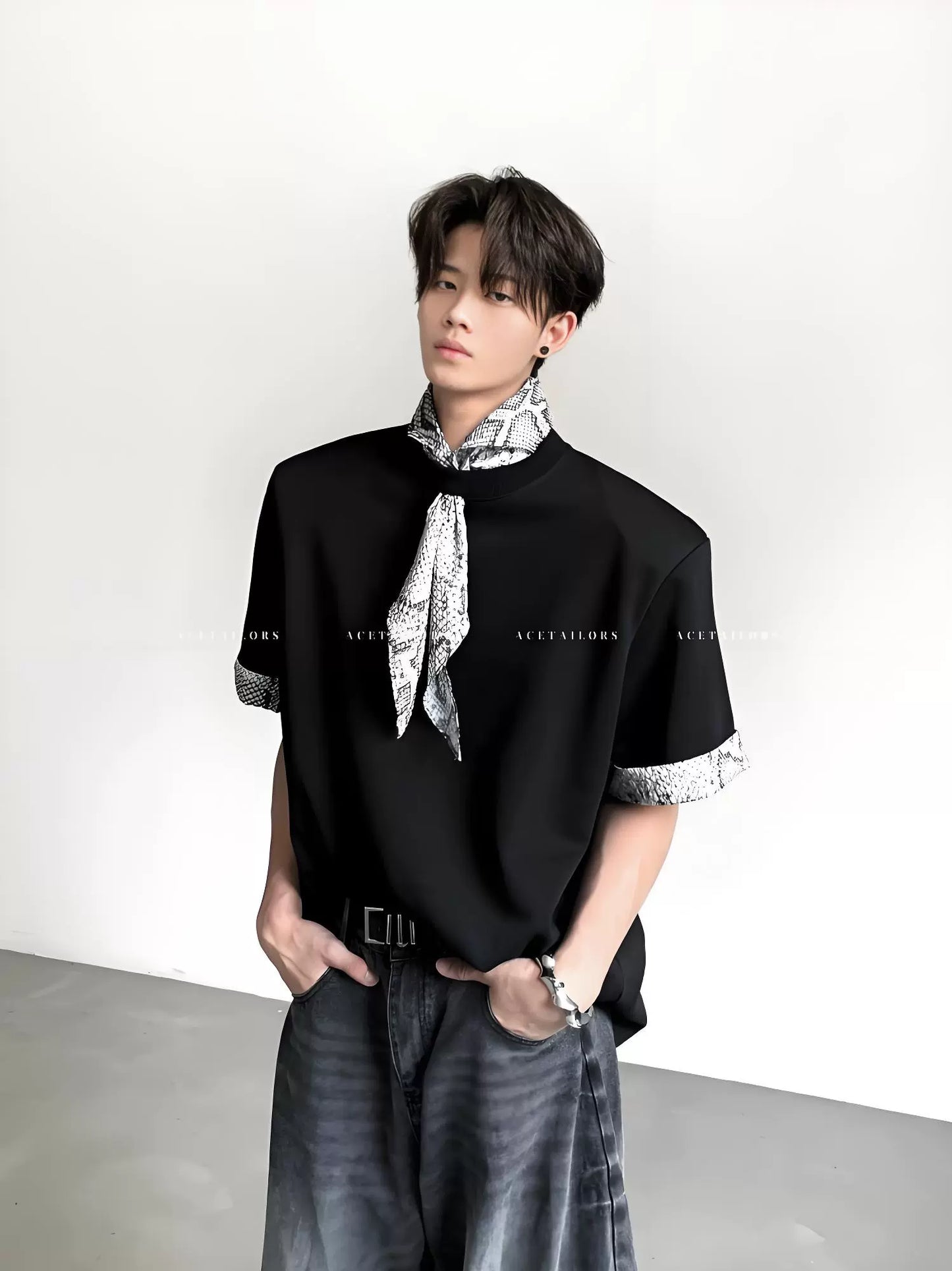 Snake Neck Patchwork Shoulder-Pad Short Sleeve T-Shirt WN20080