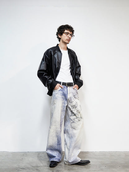 PU Leather Embroidery Baseball Collar Oversize Jacket WN22922