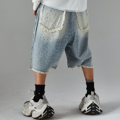 Fringe Rhinestone Wide Leg Half Denim Pants WN25612