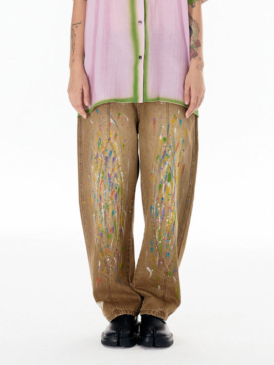 Washed Splashed Ink Curved Blade Denim Jeans WN19032