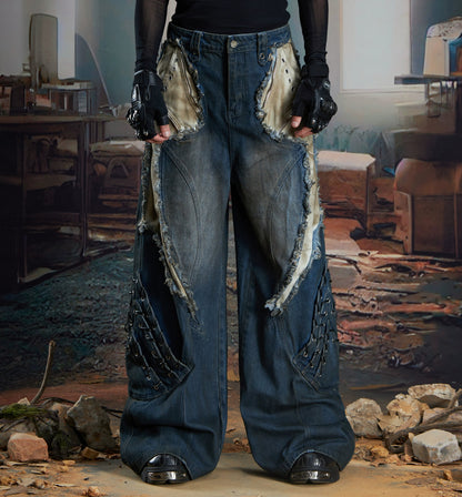 Patchwork Fringe Washed Damage Wide Leg Denim Jeans WN21354