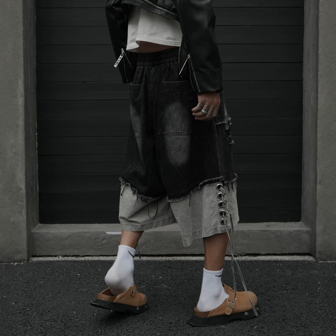 Layered Damage Drawstring Denim Half Jeans WN27988