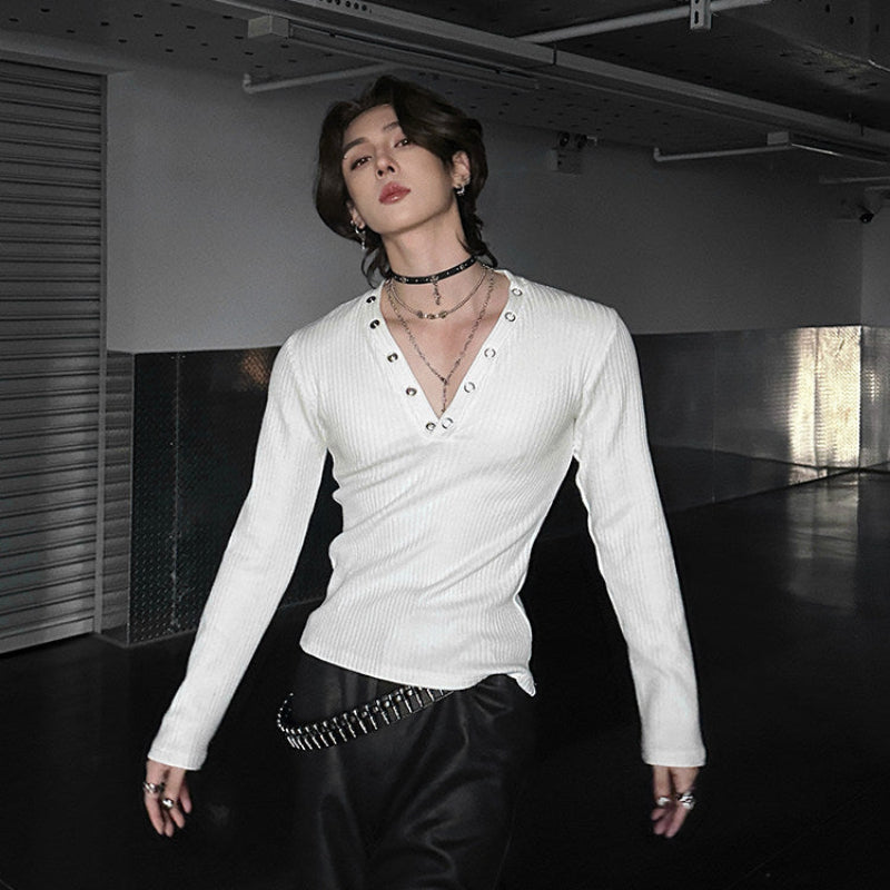 Deep V-Neck Eyelet Rib Long Sleeve T-Shirt WN25148