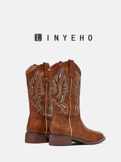 Embroidery Square-Toe Mid-Calf Boots WN20608