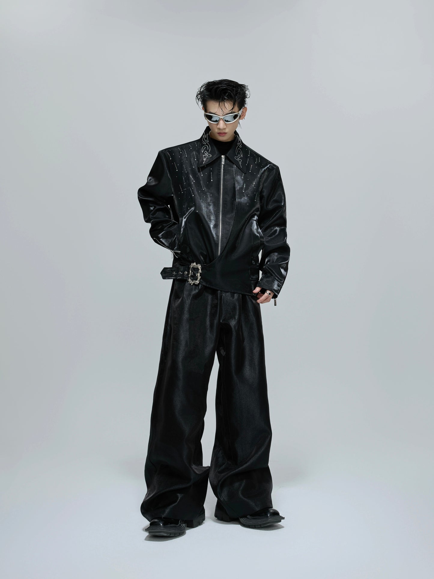 Glossy Rhinestone Button Short Zipper Jacket WN21691