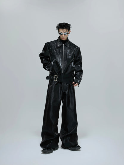 Glossy Rhinestone Button Short Zipper Jacket WN21691