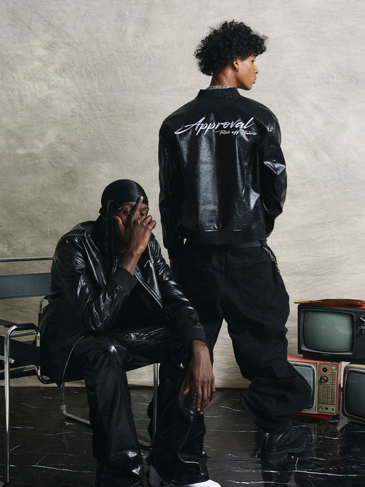 Wrinkle Texture Embroidery PU Leather Jacket WN20977