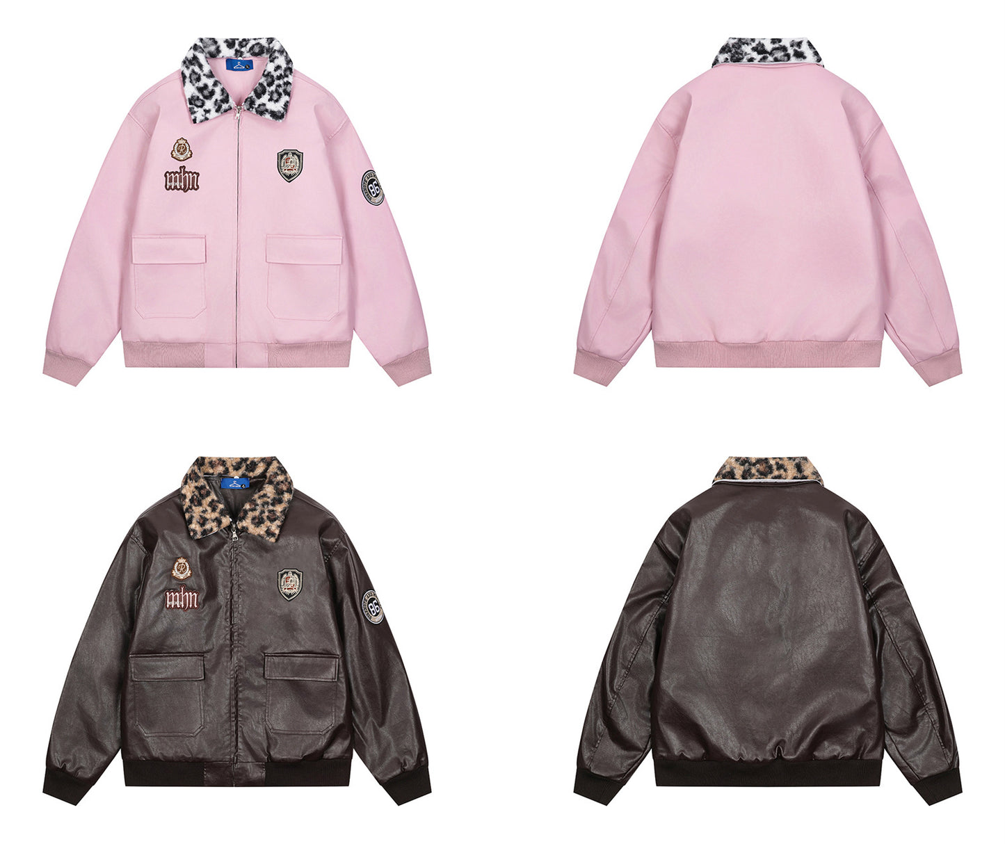 Badge Embroidery Detachable Leopard Collar PU Leather Jacket WN11189