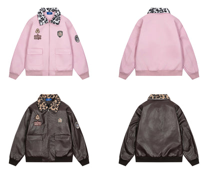 Badge Embroidery Detachable Leopard Collar PU Leather Jacket WN11189