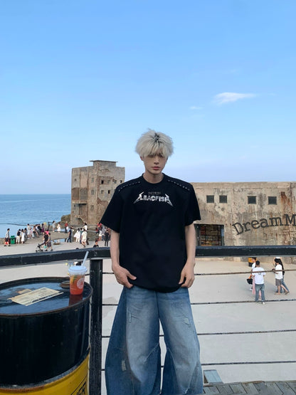 Print Logo Metal Detail Oversize Short Sleeve T-Shirt WN19864