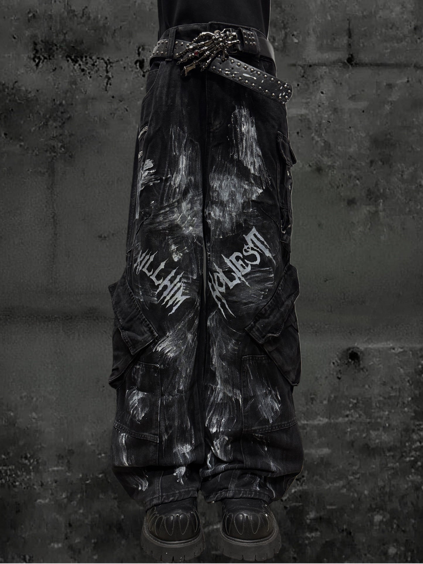 Paint Print Cargo Wide Leg Denim Jeans & Skull Belt & Belt Chain WN23787