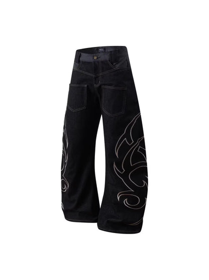 Flame Embroidery Wide Leg Raw Denim Jeans WN28071