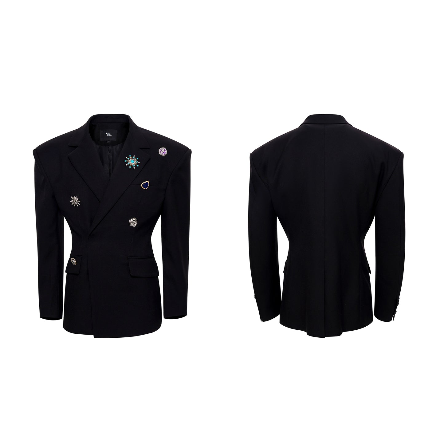 Shoulder-Pad Metal Brooch Tailored Jacket & Trousers Setup WN21796