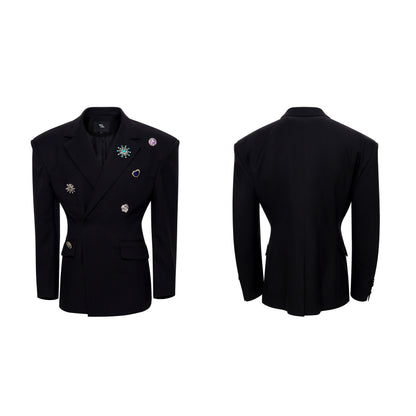 Shoulder-Pad Metal Brooch Tailored Jacket & Trousers Setup WN21796