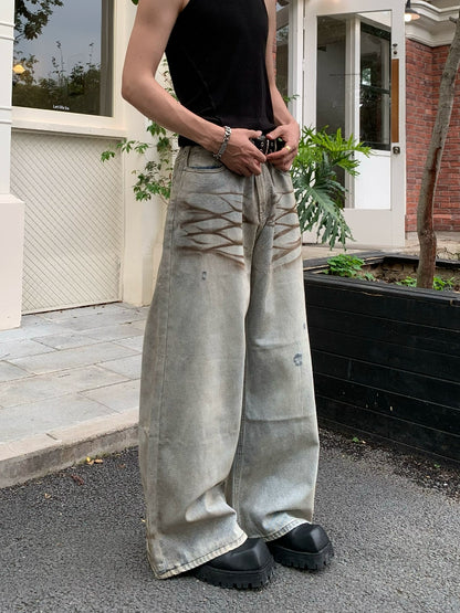 Mud-Dye Washed Whisker Wide Leg Denim Jeans WN19817