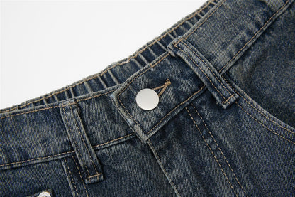 Washed Damage Multi-Pocket Curved Leg Denim Jeans WN26807