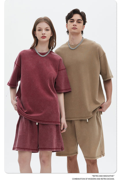 Oversize Washed Short-sleeve T-shirt & Washed Short Sweatpants Setup WN6612