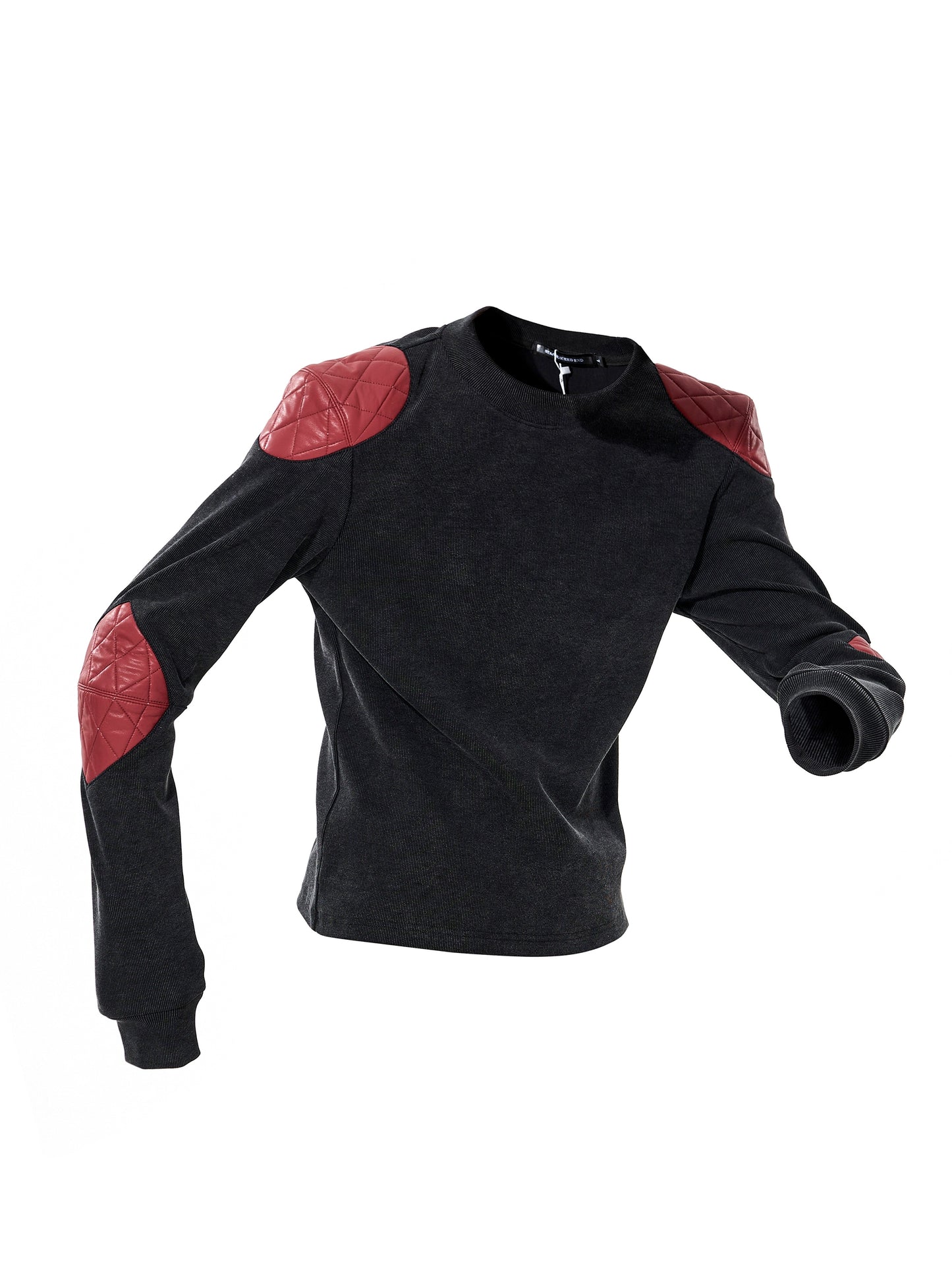 PU Leather Armor Mix Patch Damage Long Sleeve T-Shirt WN22643