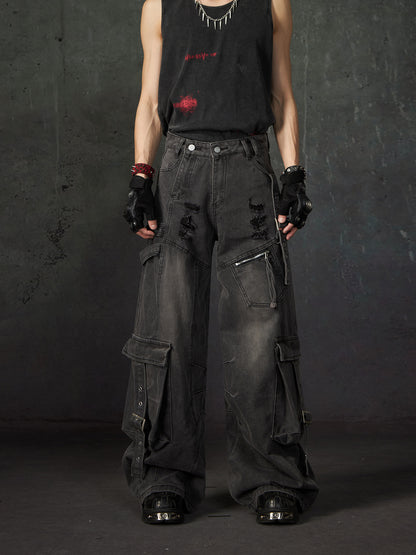 Multi-Pocket Damage Strap Design Wide-Leg Straight Cargo Denim Jeans WN15206