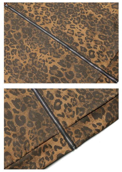 Leopard Design Stand Neck Zipper Jacket & Wide Leg Pants Setup WN18570