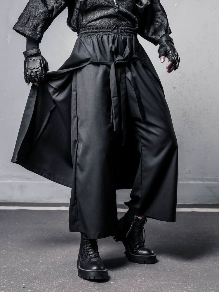 Fake Layered Ribbon Strap Cropped Wide Leg Pants WN22495