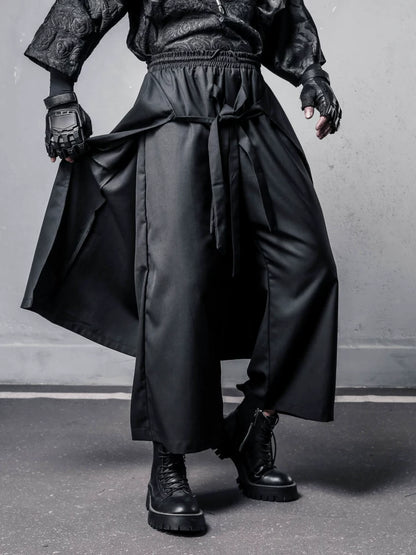 Fake Layered Ribbon Strap Cropped Wide Leg Pants WN22495