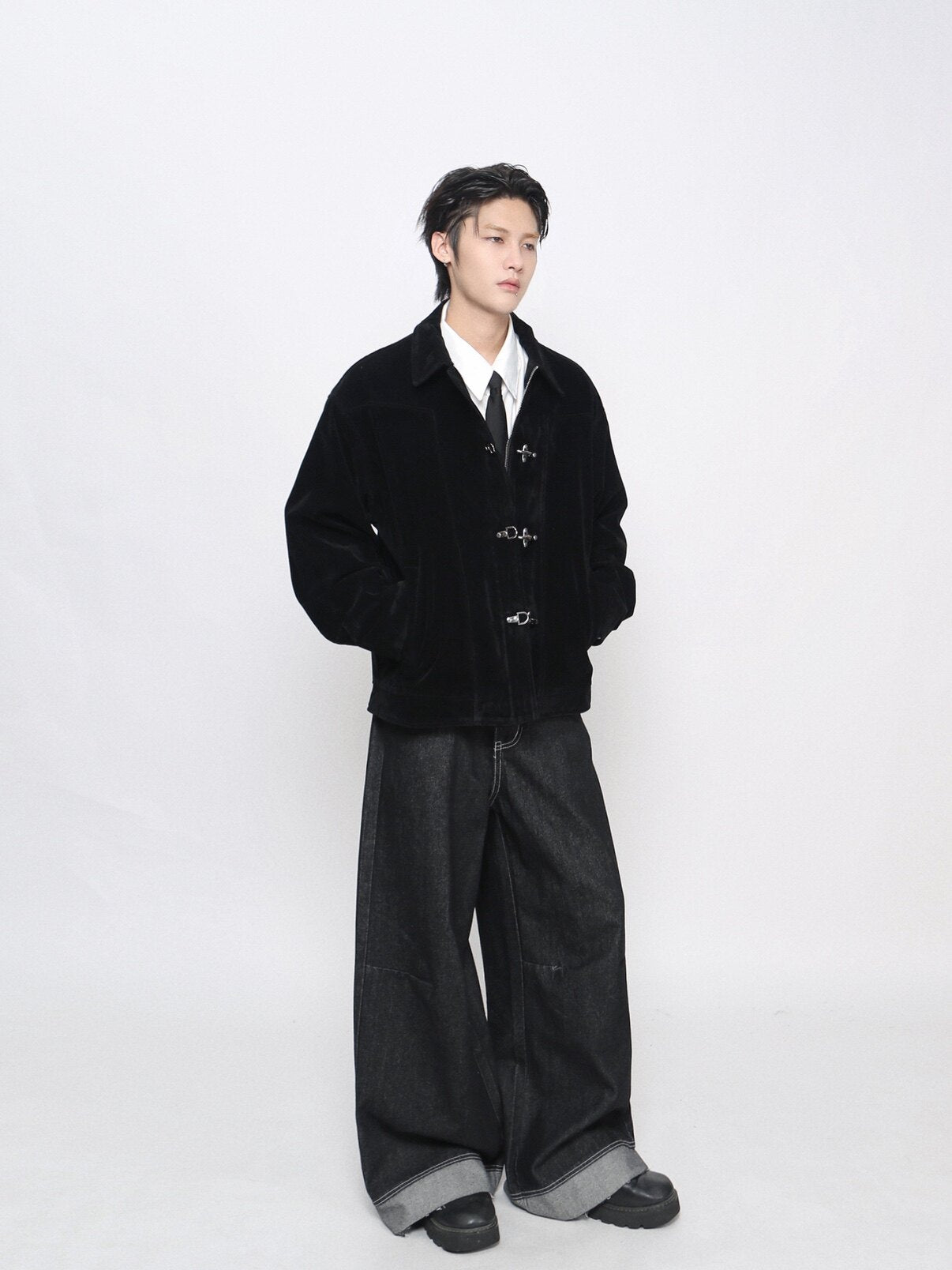 Washed Metal Buckle Button Suede Jacket WN24480