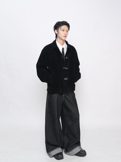 Washed Metal Buckle Button Suede Jacket WN24480