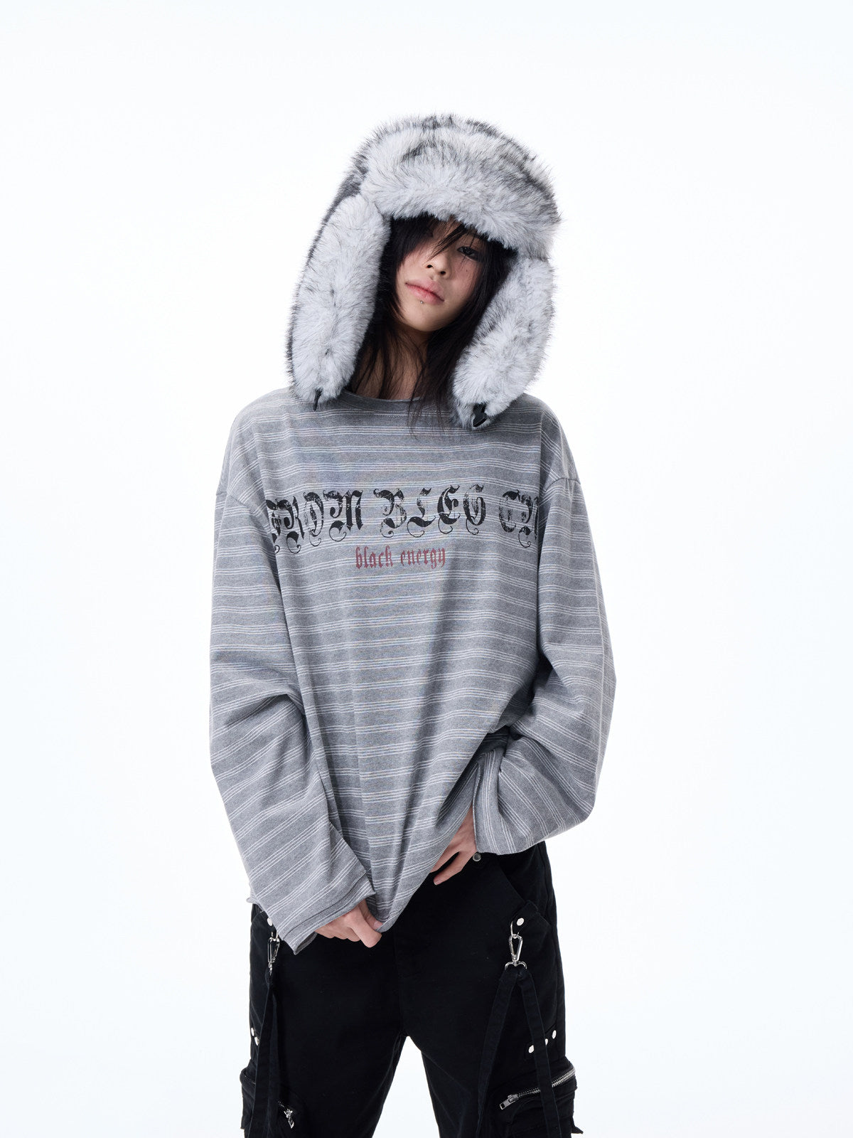 Raw Hem Striped Print Oversize Long Sleeve T-Shirt WN27318