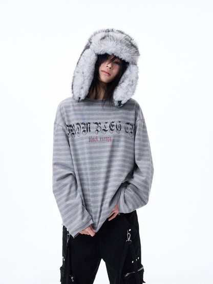 Raw Hem Striped Print Oversize Long Sleeve T-Shirt WN27318