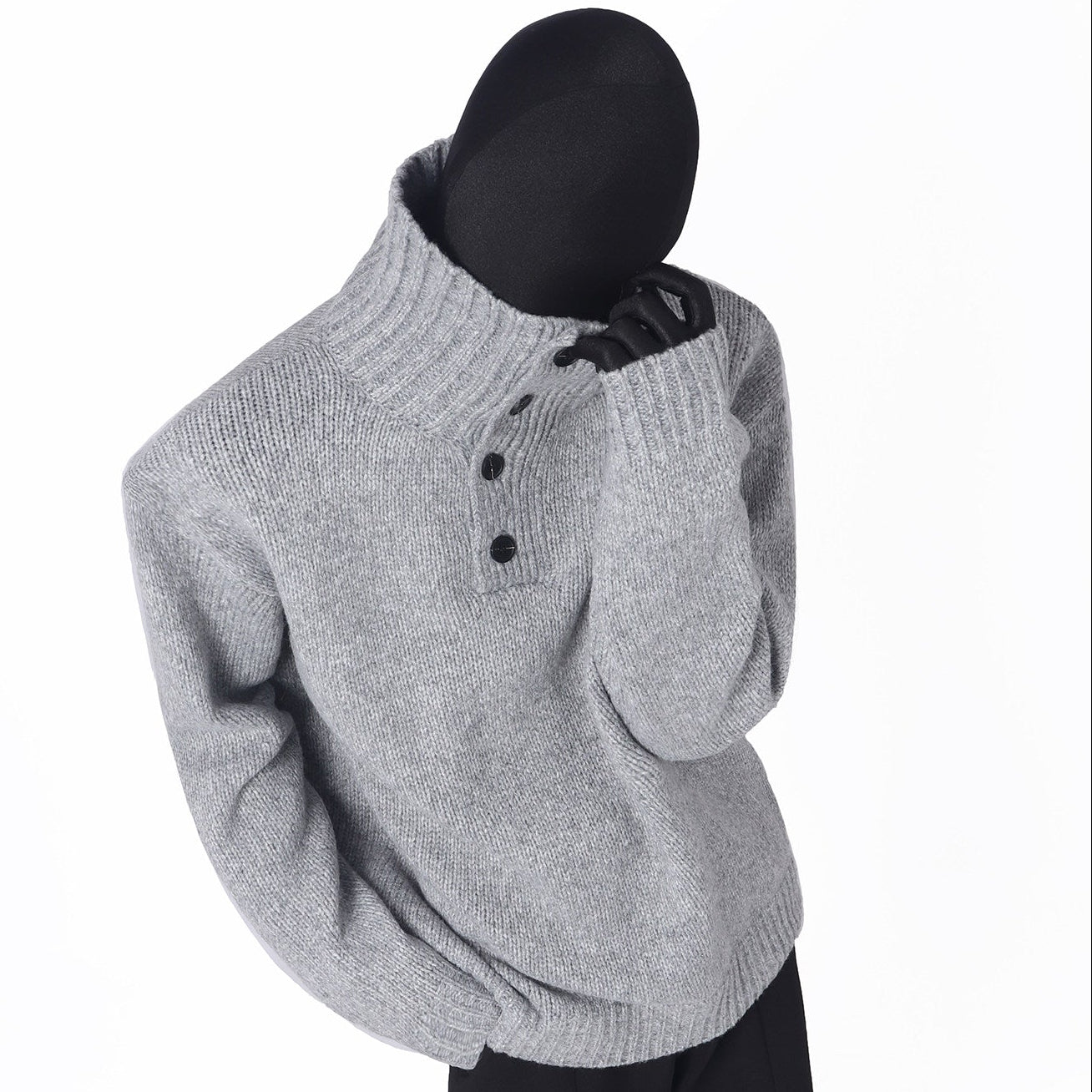 Button High-Neck Rib Knit Sweater WN23703