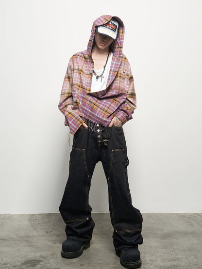 Gradient Plaid Hooded Long Sleeve Shirt WN22935