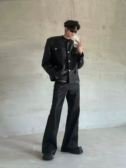 Deconstructed Zipper Design PU Leather Flare Pants WN20057