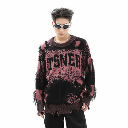 Jacquard Damage Design Round Neck Oversize Knit Sweater WN10287