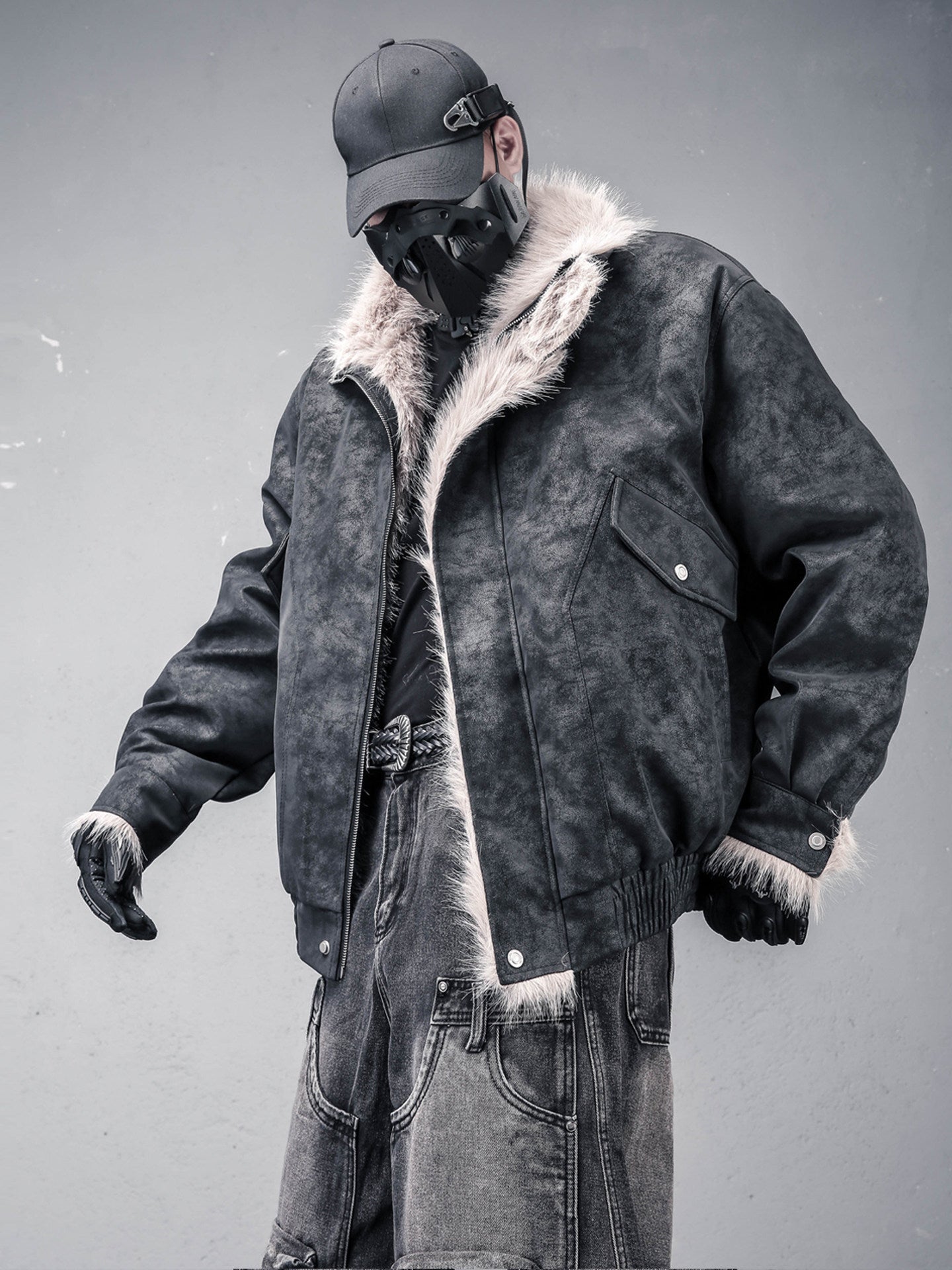 Fake Fur Collar Structural Suede Jacket WN22472