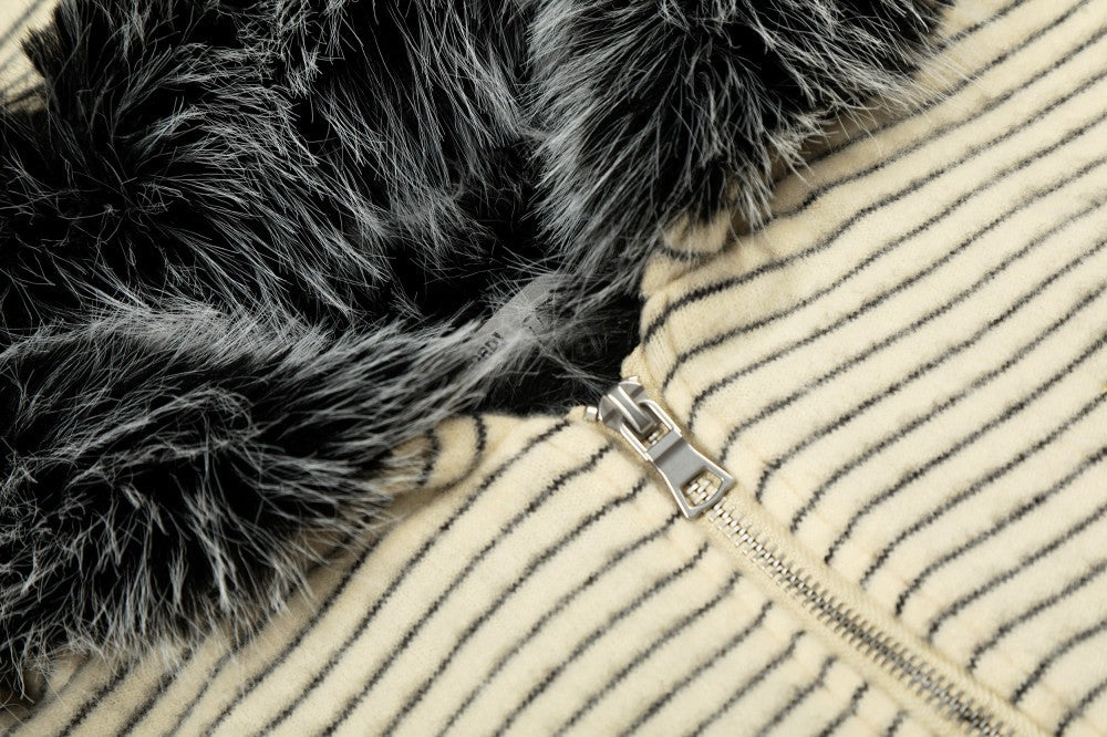 Fake Fur Collar Stripe Zipper Jacket WN28119