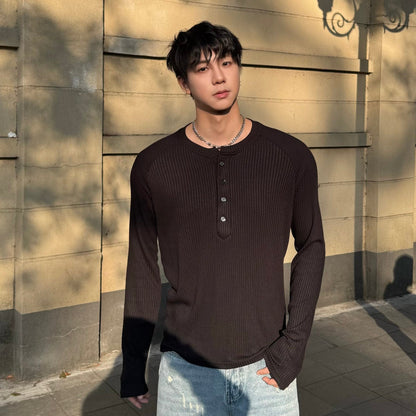 Henley Neck Ribbed Slim Long Sleeve T-Shirt WN25238